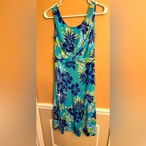 Floral fit flare dress - sleeveless dress - blue green floral
